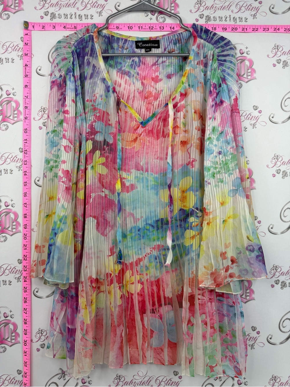 Creation mini dress or long top pleats flowers Multicolor Floral Pleated Tunic